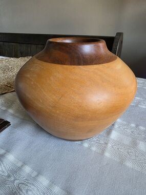 Vintage-Style Turned Wood Vase Two-Tone Boho Sculptural Vessel